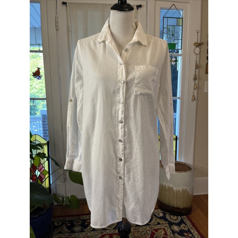 Beach Lunch Lounge L Tunic Long Sleeve White Stripe 100% Cotton Button Classic - Picture 2 of 9
